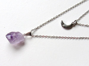Double Layered Amethyst Point Moon Necklaces