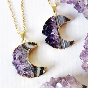 Gold Crescent Moon Amethyst Slice Necklaces
