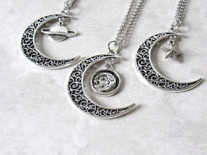 Antique Silver Crescent Moon Charm Necklace