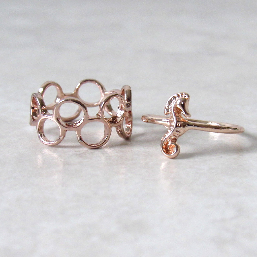 Rose Gold Seahorse Water Bubble Ring Set (2pc)