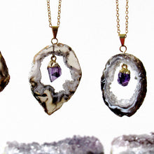 Load image into Gallery viewer, Dangling Amethyst Point Geode Slice Necklaces