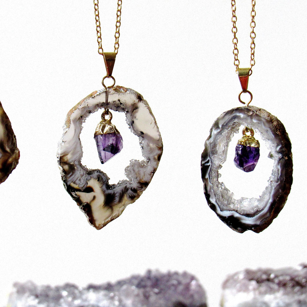 Dangling Amethyst Point Geode Slice Necklaces