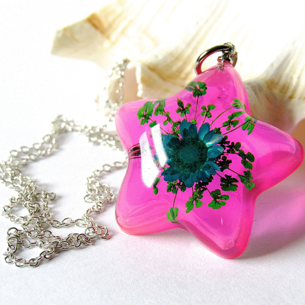 (On Sale!) Blue Blooming Star Real Flower Necklaces