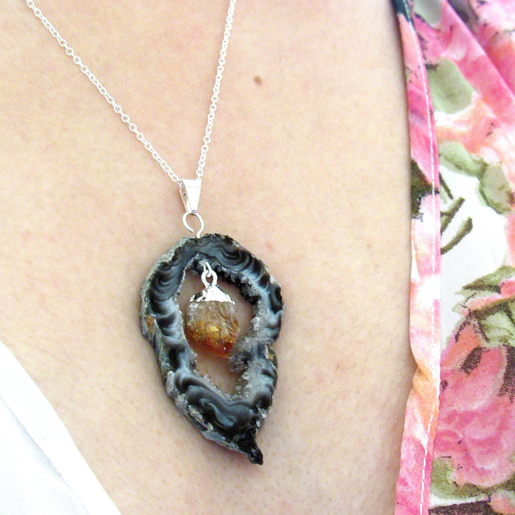 Dangling Citrine Point Geode Necklaces