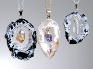 Dangling Amethyst Point Geode Slice Necklaces
